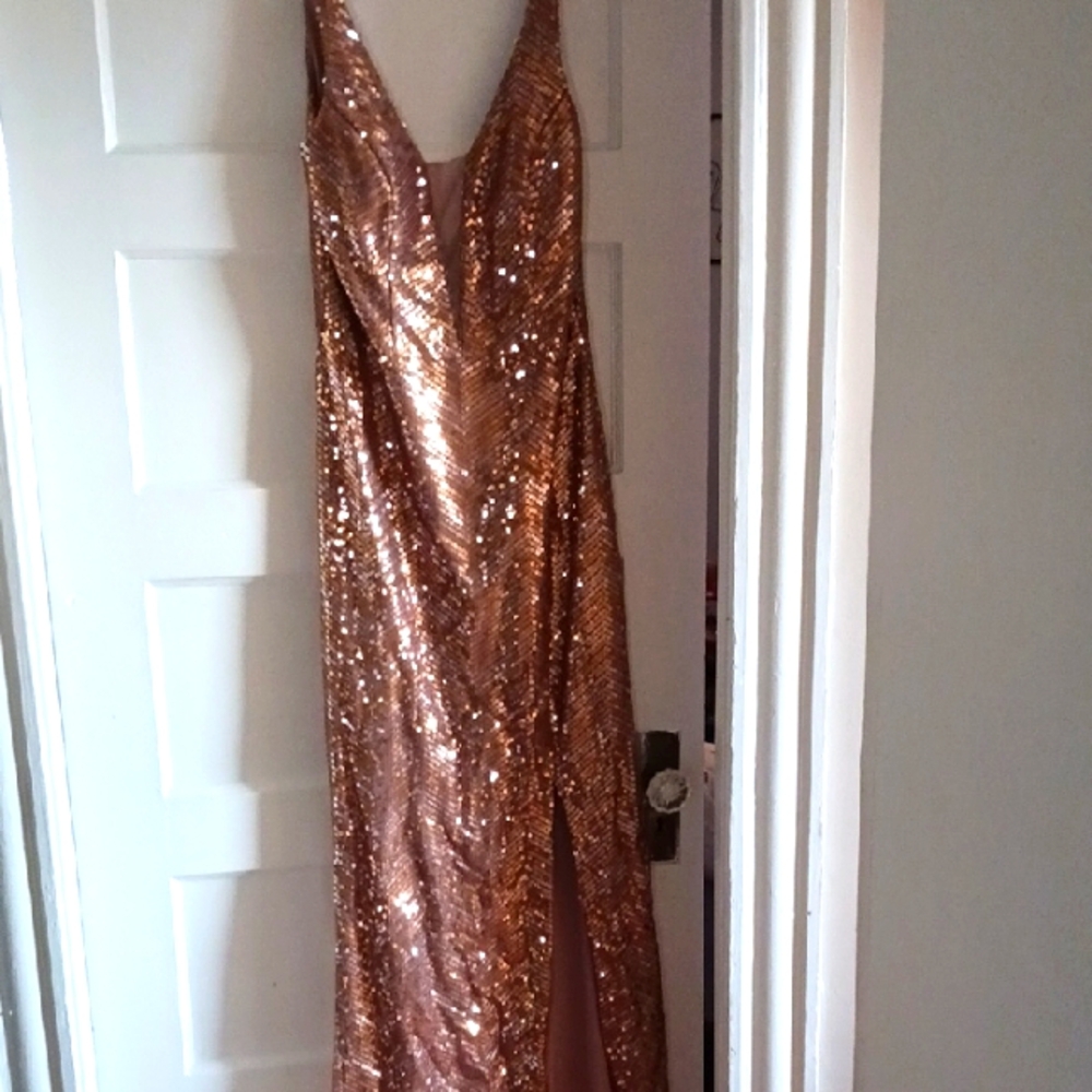 Rose Colored Sequin Evening Gown with Slit